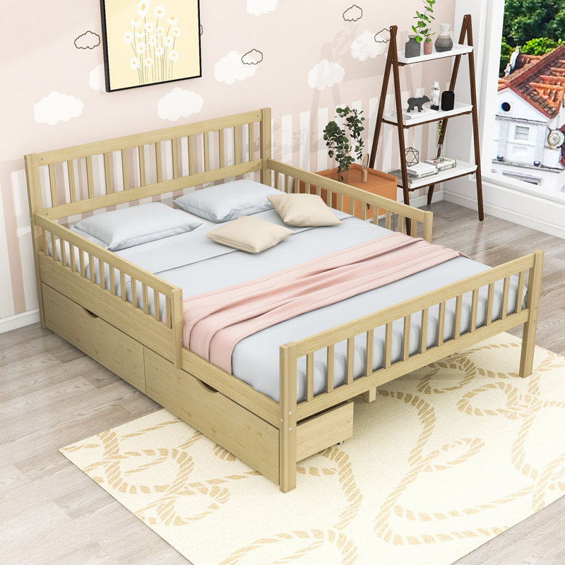 Lit plateforme en bois 2 tiroirs avec tête et pied de lit, Lit double