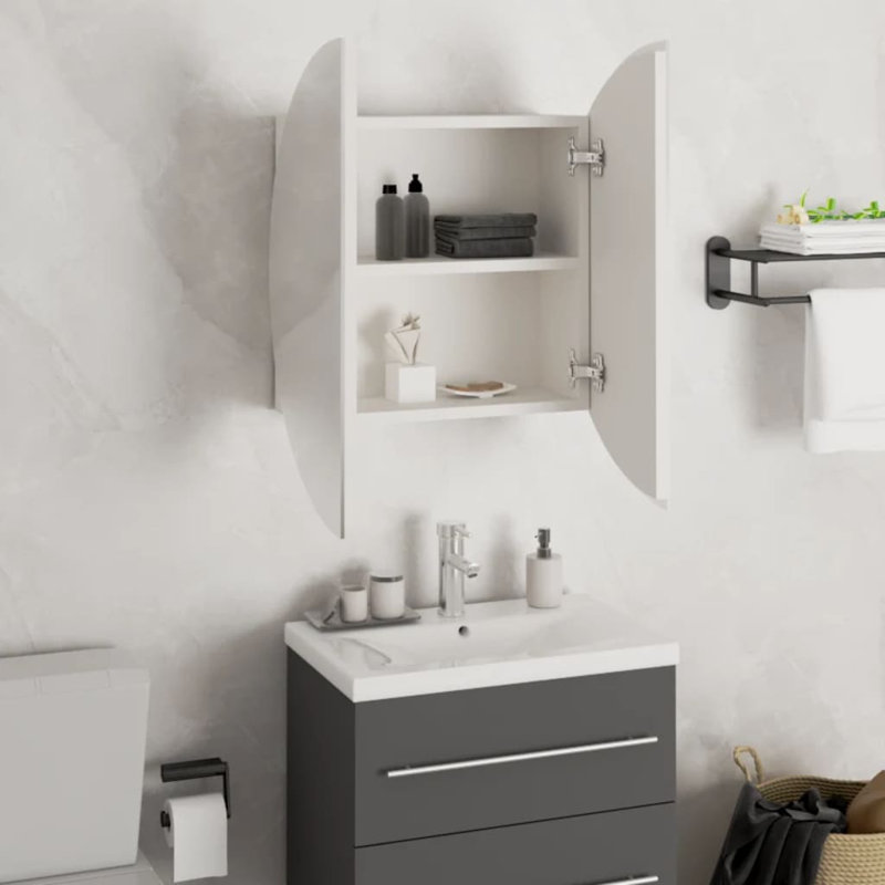 Adebare Bathroom Cabinet with Round Mirror & LED, White, 54cm H x 54cm W x 17.5cm D