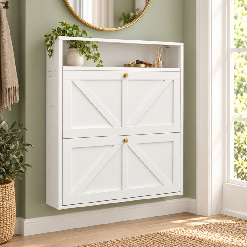 Armoire à chaussures murale en métal avec deux tiroirs rabattables en blanc
