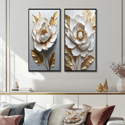 Pivoine épanouie en or et blanc I - ensemble d'art mural pivoines 2 pièces