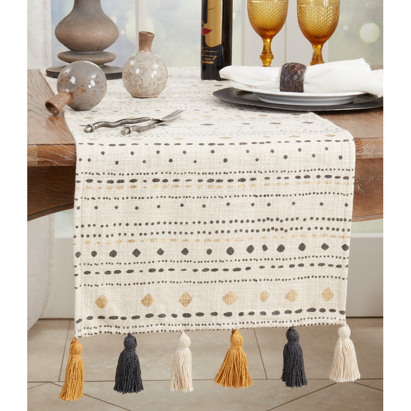 Multicolored Cotton Table Runner with Tassels and Geometric Design