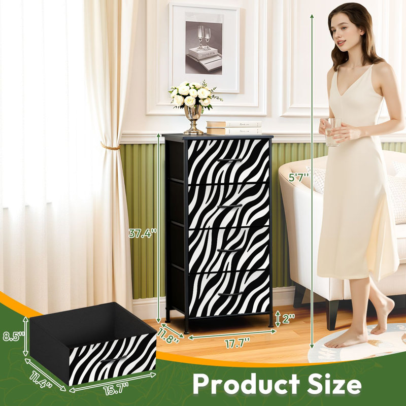Commode à 4 tiroirs pour la chambre à coucher Noir et blanc à imprimé zébré