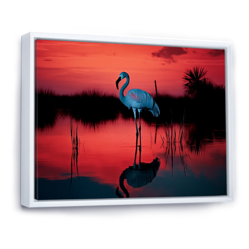 Flamant crépuscule I sur toile, Cadre flottant blanc, H 16 po x l 32 po x P 1,5 po