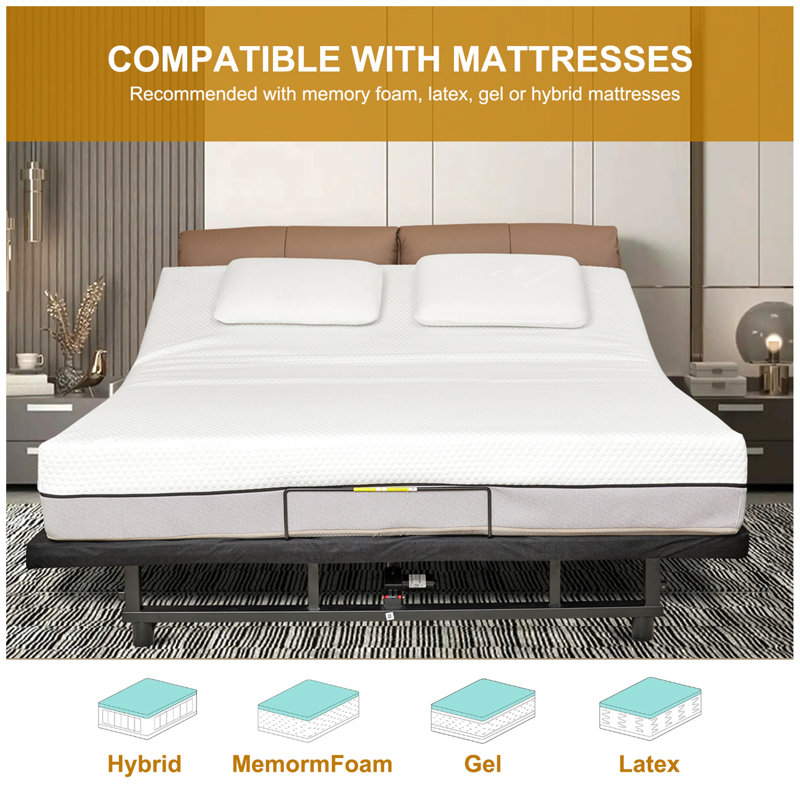 Base de lit réglable avec tête et pied inclinables, moteur silencieux zéro gravité, 4 ports USB, veilleuse sous le lit