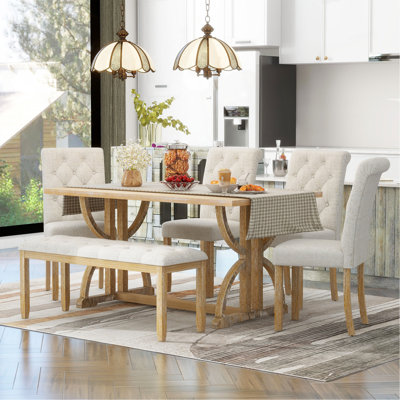 6-Piece Retro Rectangular Dining Table Set, Table with Unique Legs and 4 Upholstered Chairs & 1 Bench for Dining Room and Kitchen (Natural Wood Wash)