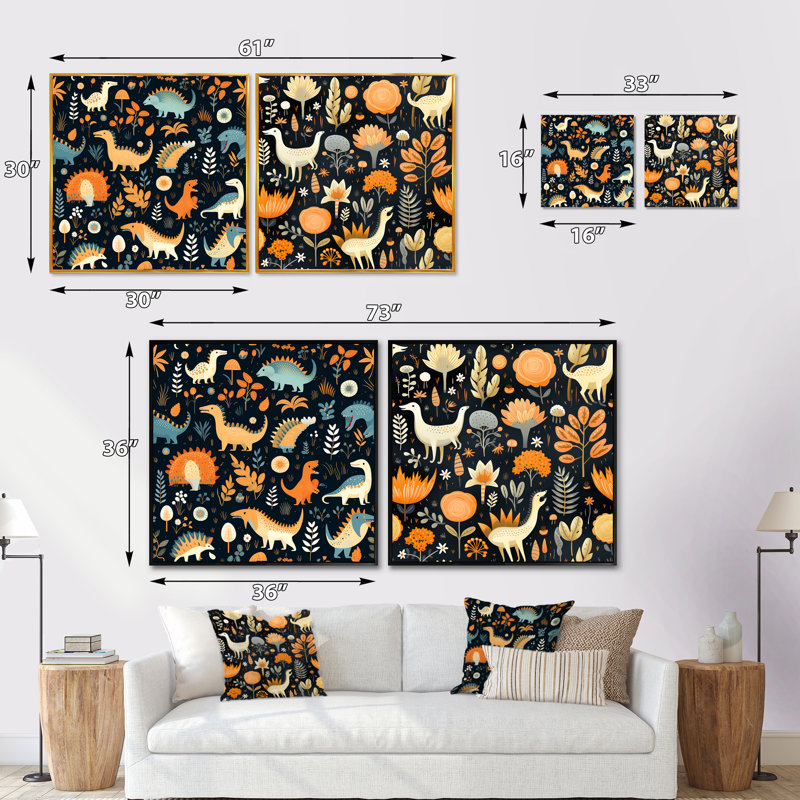 Dinosaurs Roar - Ensemble de 2 animaux carrés avec collage de dinosaures, Cadre flottant noir, H 16 po x l 33 po