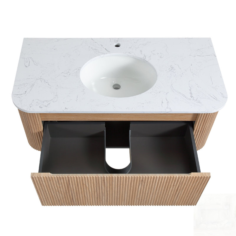 Meuble-lavabo mural avec comptoir en marbre artificiel Carrara, lavabo en céramique et conception courbée avec rayures, pré-assemblé
