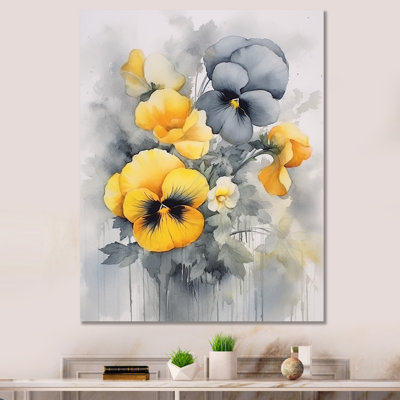 Yellow and Grey Minimalism Pansies - Floral Wall Art