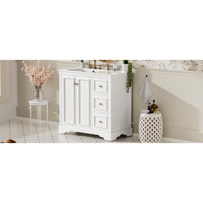 Meuble-lavabo transitionnel de 36 po avec structure en bois massif, finition peinte et 2 portes à fermeture en douceur, lavabo en céramique de 36 po, 3 tiroirs, tablette réglable, fonction