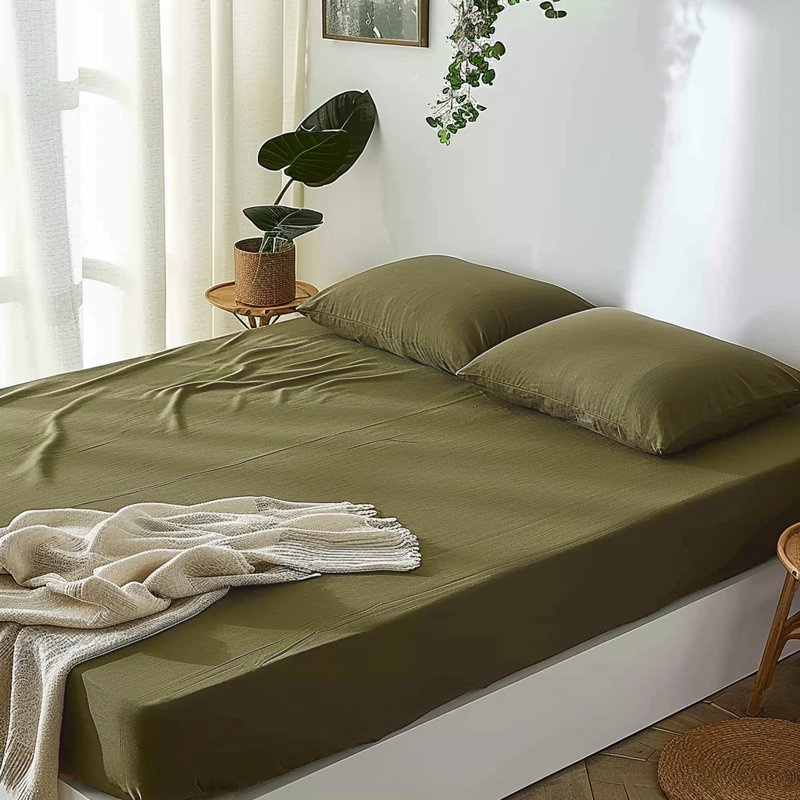 Ensemble de draps 100% lin français 4 pièces, Ensemble de draps pour très grand lit avec 2 taie, Olive