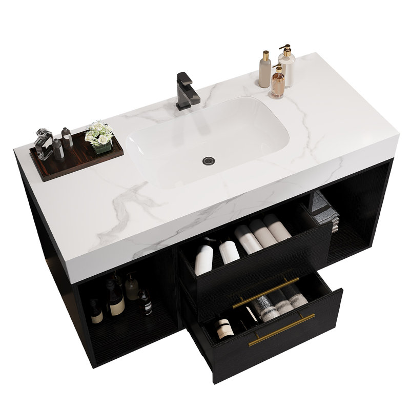 39.4"W Bathroom Vanity With Ceramic Sink ?2 Drawers And 2 Storage Spaces, Black