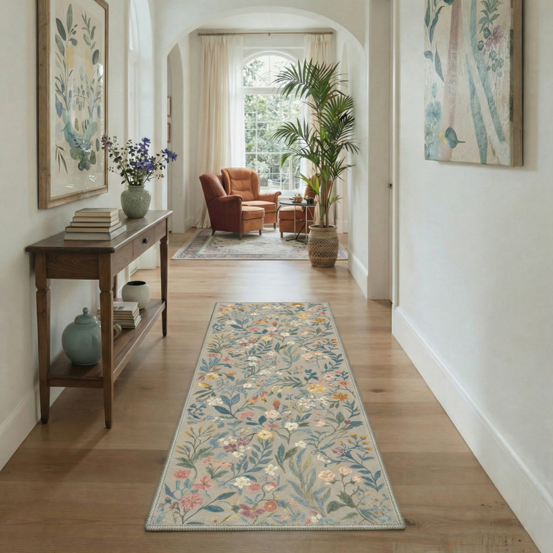Eden Floral Machine Washable Floral / Blush Pink Indoor Runner Rug With Non-Slip Backing, Runner 2'4" x 6'
