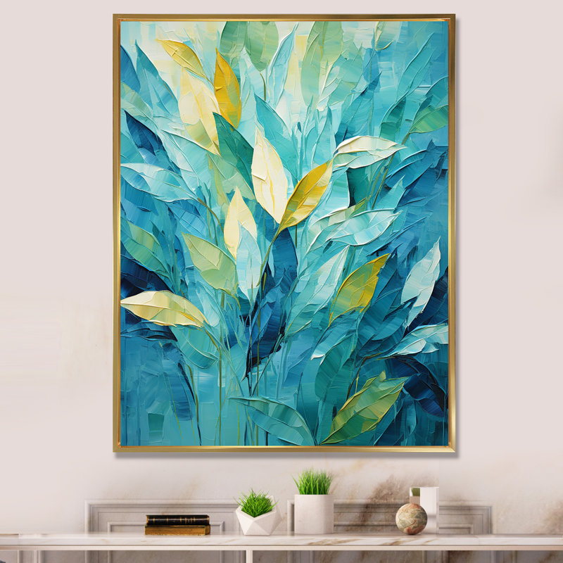 «Blue Tropical Plants Mirage 1 - Jungle», art mural, Cadre flottant doré, H 20 po x l 12 po x P 1 po