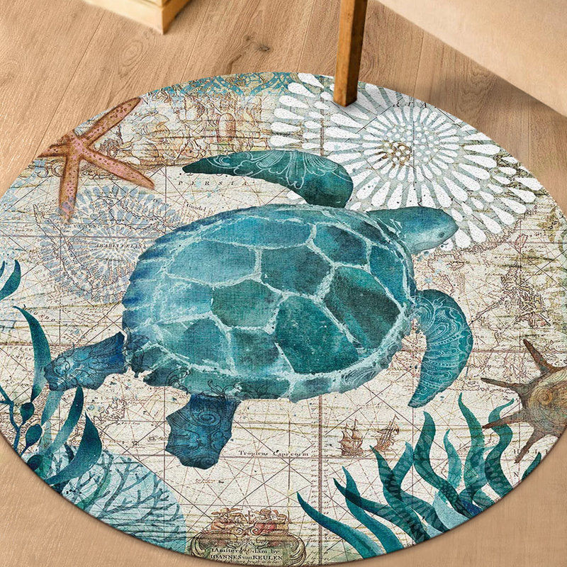 Tapis beige / turquoise tissé à la machine, Rond 4 pi 11 po