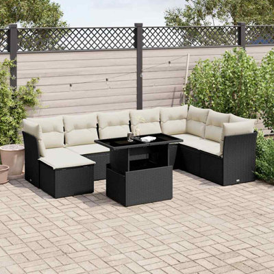 Ensemble de canapé de jardin en rotin PE noir, acier thermolaqué Vidaxl, verre trempé