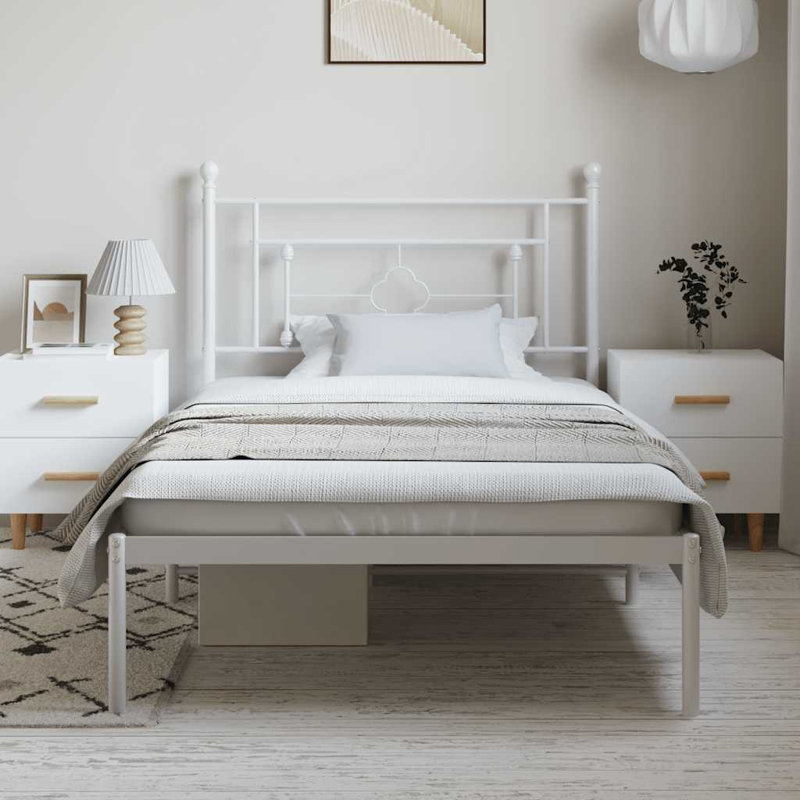 Cadre de lit en métal avec tête de lit Ibraheem, rangement sous le lit, silencieux, sans matelas, Simple extra long, Blanc