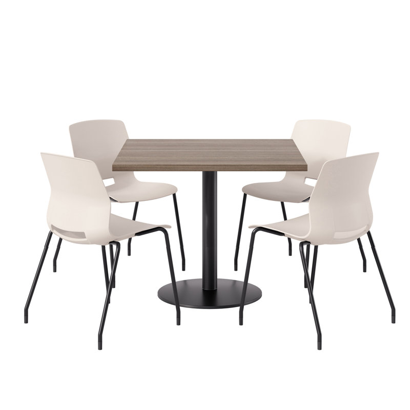 KFI Studios Square Bistro Table Set, 1 Table, 4 Stools, Studio Teak, Cream/Black, 29" H x 42" L x 42" W