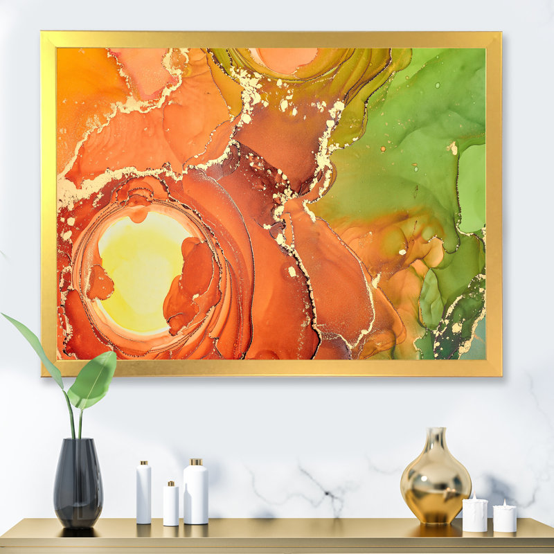 «Brown and Green Luxury Abstract Fluid Art», peinture sur toile, H 16 po x l 32 po, Cadre doré à coins fermés