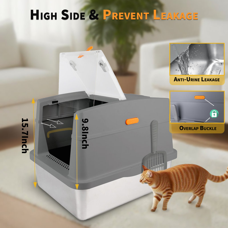 Stainless Steel Enclosed Cat Litter Box with Flip Lid, XL Extra Large Litter Box for Easy Clean & Non-Sticky, Anti-Leakage,Includes Cat Litter Scoop, Gray