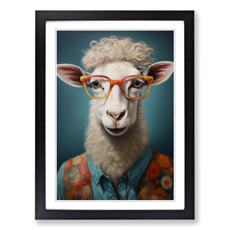 Sheep with Glasses Painting - Framed Print, Black Framed, 64cm H x 46cm W x 2cm D