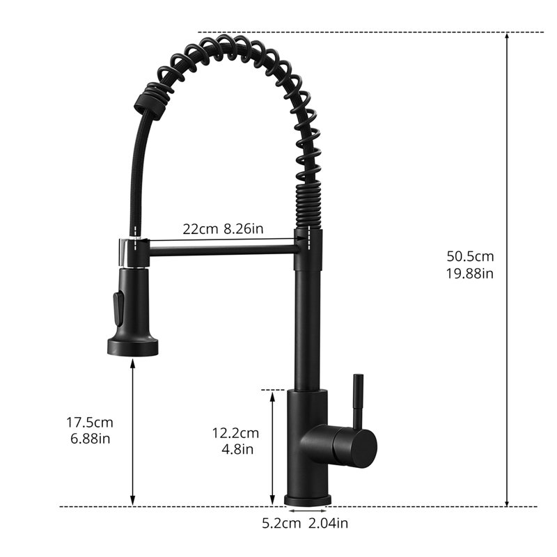 Robinet de cuisine noir mat, tête de pulvérisation rétractable, poignée simple, robinet d'alimentation en eau stable avec débit optimal