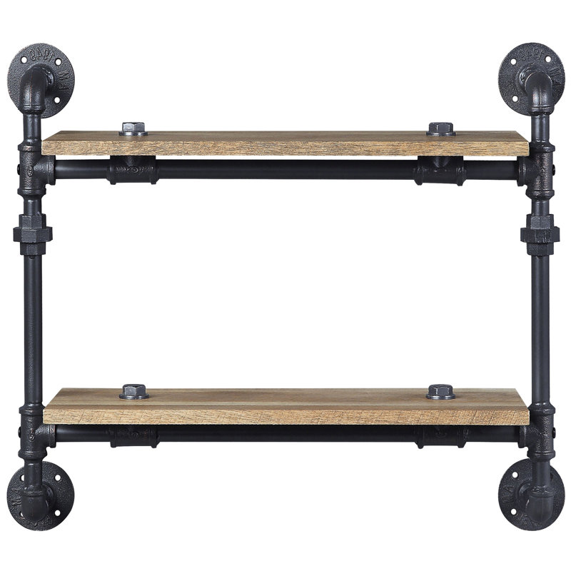 Industrial 2 Wall Display Shelf - Strong Metal, Oak And Sandy Black, Showcases Decor Books Rack For Storage Metal Frame, Multi-Functional