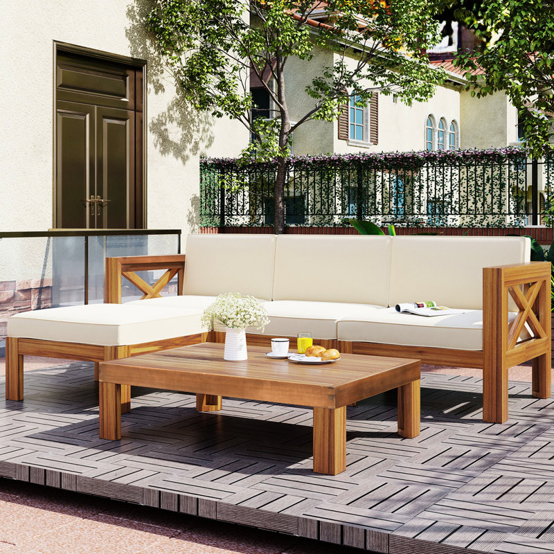 5 sièges modulaires de patio, finition naturelle, coussins beiges, structure en bois pour l'eau, pour l'extérieur, espaces