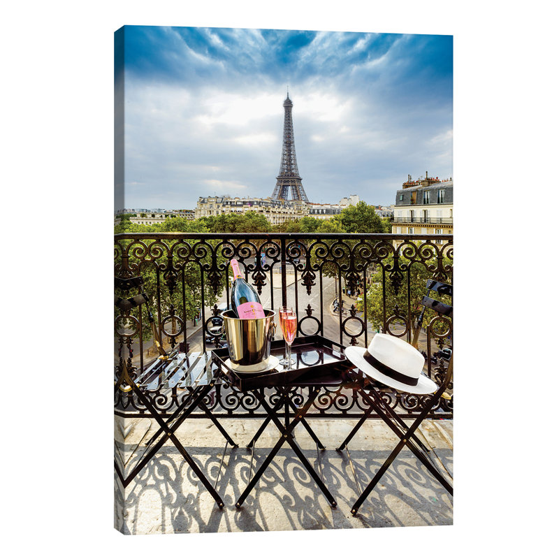 Eiffel Tower, Champ De Mars, Rose Champagne On Balcony - No Frame Print on Canvas, 101.6 cm H x 66.04 cm W x 3.175 cm D