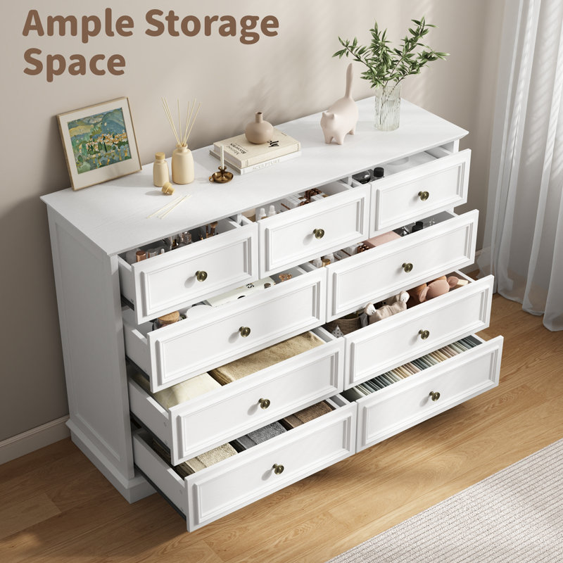 Valera 9-Drawer Dresser, Vintage Wide Storage Chest With Antique Bronze Handles, White