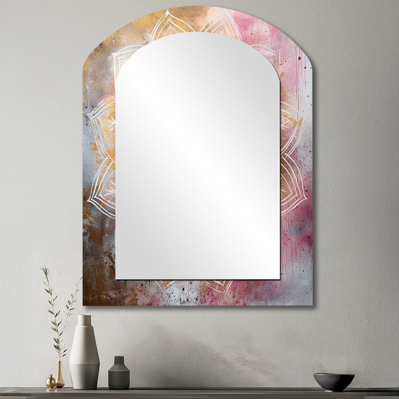 Rose Gold Mandala I - Boho Mandala Arch Wall Mirror, Traditional Asymmetrical Decorative Mirror, Printed Metal Art, 43" x 33"