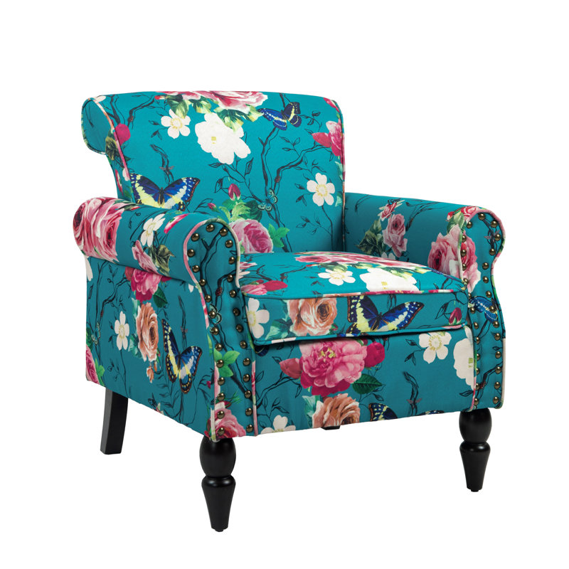 Iliana Traditional Upholstered Pattern Blue Cotton Blend Armchair with Nailhead Trim, Blue Floral