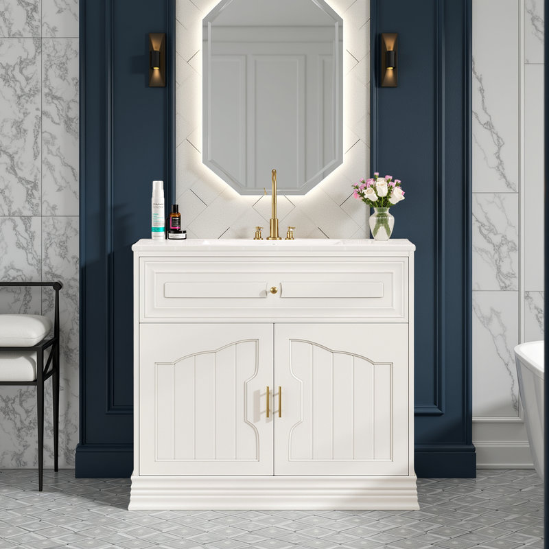 Meuble-lavabo 36 po avec lavabo en céramique, tablette réglable et portes à fermeture en douceur, White