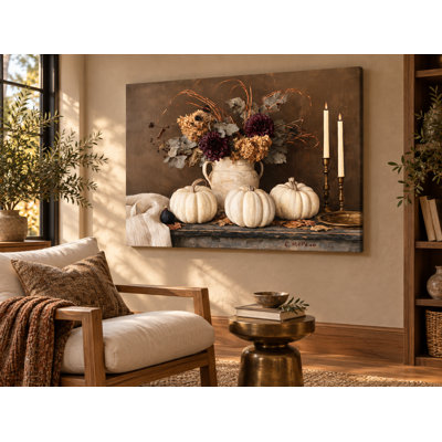 «Graceful Branches Ivory Harvest», art floral sur toile tendue et citrouille