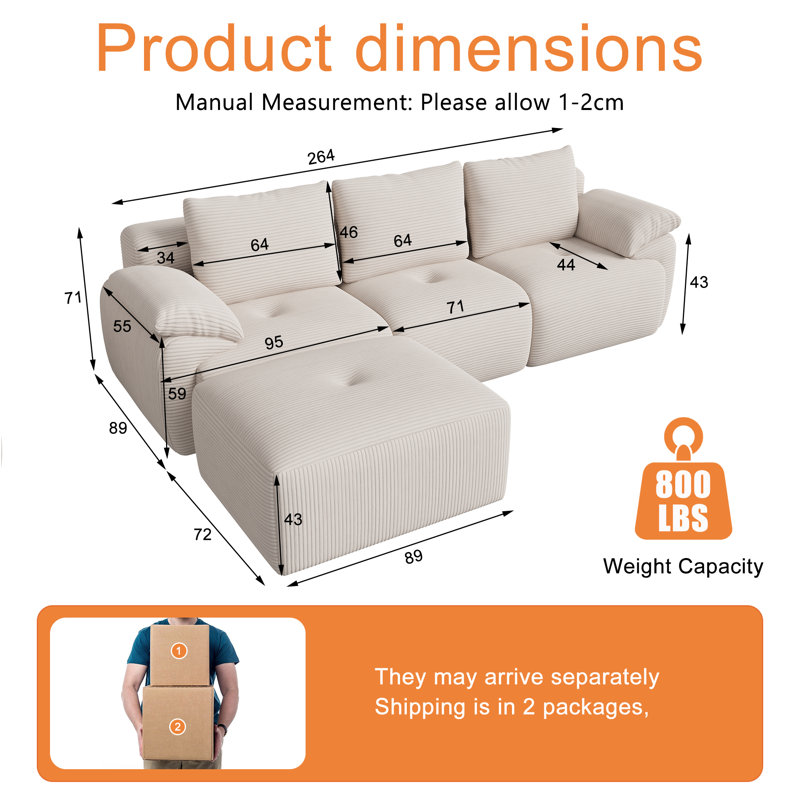 3 Seater Corduroy Sofa, Beige