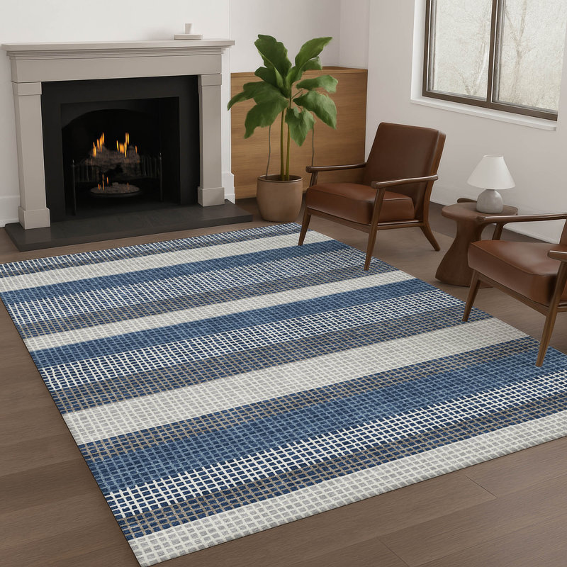 Machine Washable Indoor/Outdoor Chantille ACN2530 Stripes Rug, Navy, Rectangle 5' x 7'6"