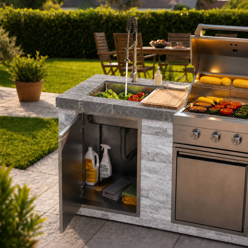 Ensemble d'îlot de cuisine 3 pièces avec gril à 7 brûleurs et réfrigérateur, Gris