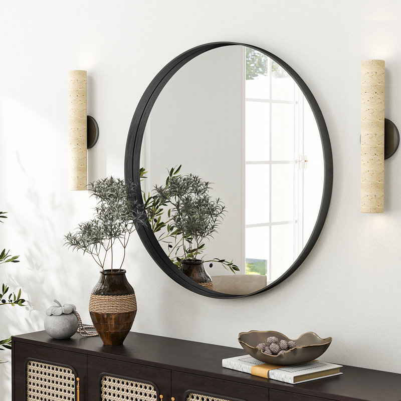 Wall Mirror Deep Framed Bathroom Mirror Wall Mounted Round Mirror,, Black, 24" x 24"
