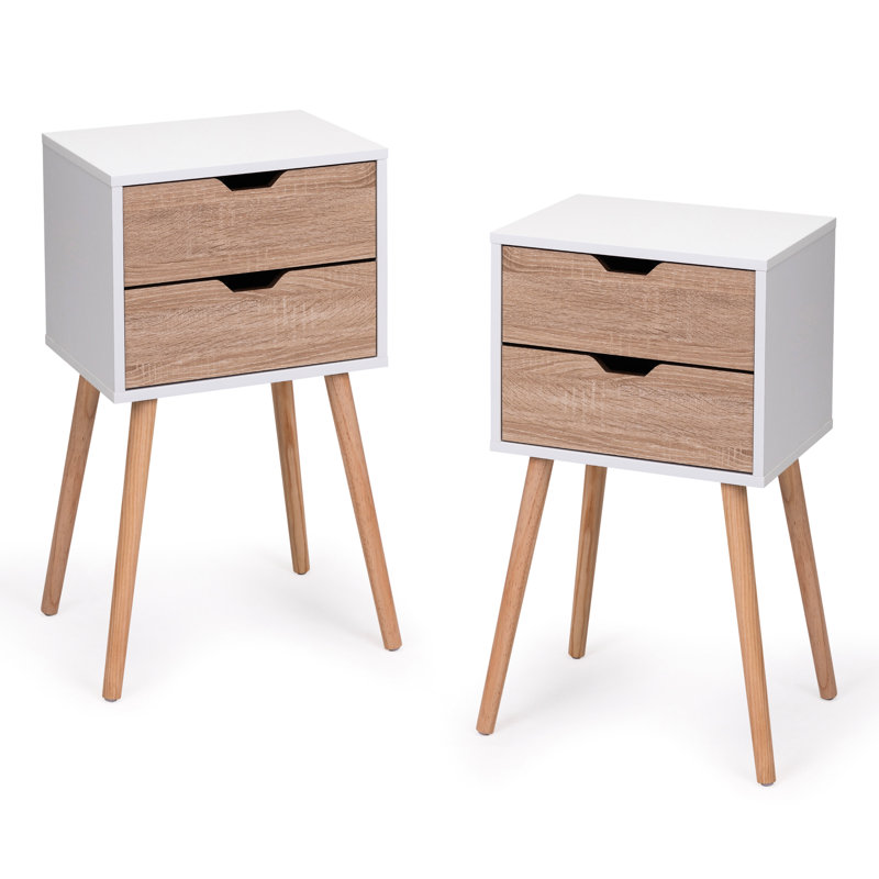 2 tables de chevet en noyer blanc, pieds en bois massif, table de salon en noyer moderne, 2 tiroirs, pieds pour, Blanc