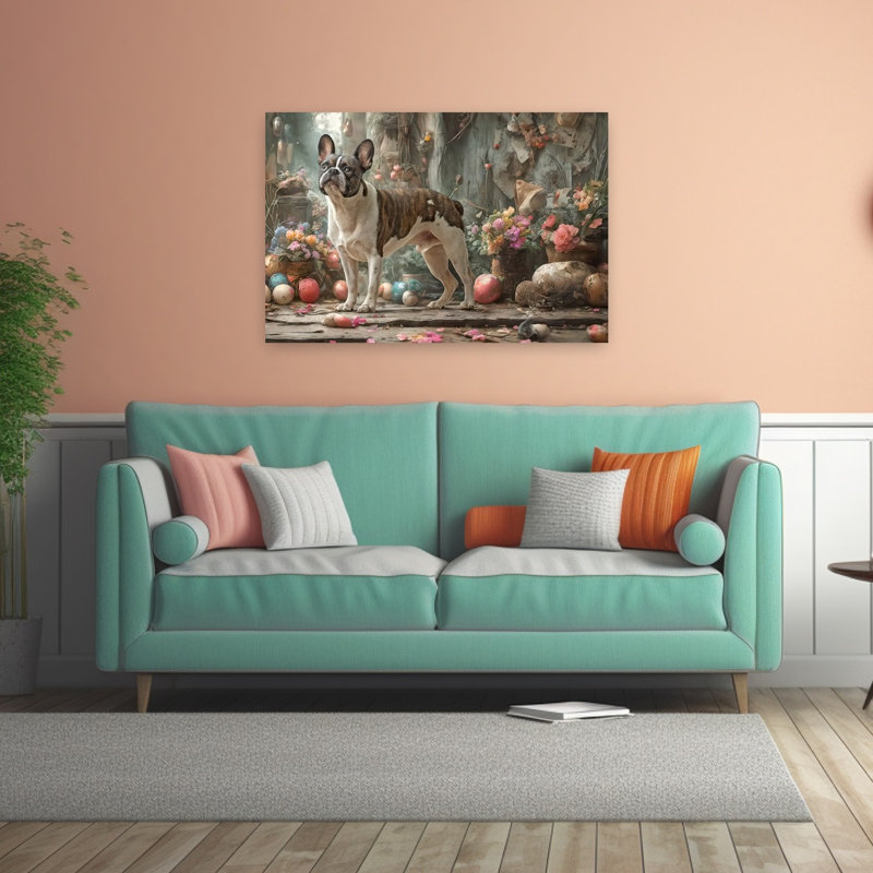 Bouledogue français, Pâques, fleurs, impression de chien de bouledogue rustique coloré, printemps, impression murale