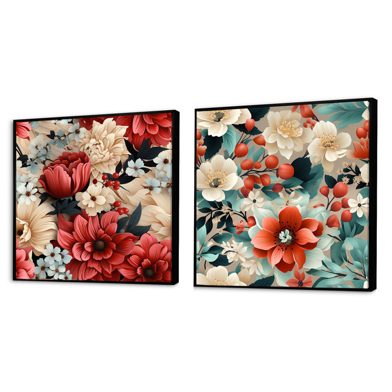 Hegarty - Ensemble de 2 collages floraux carrés, Cadre flottant noir, H 16 po x l 33 po