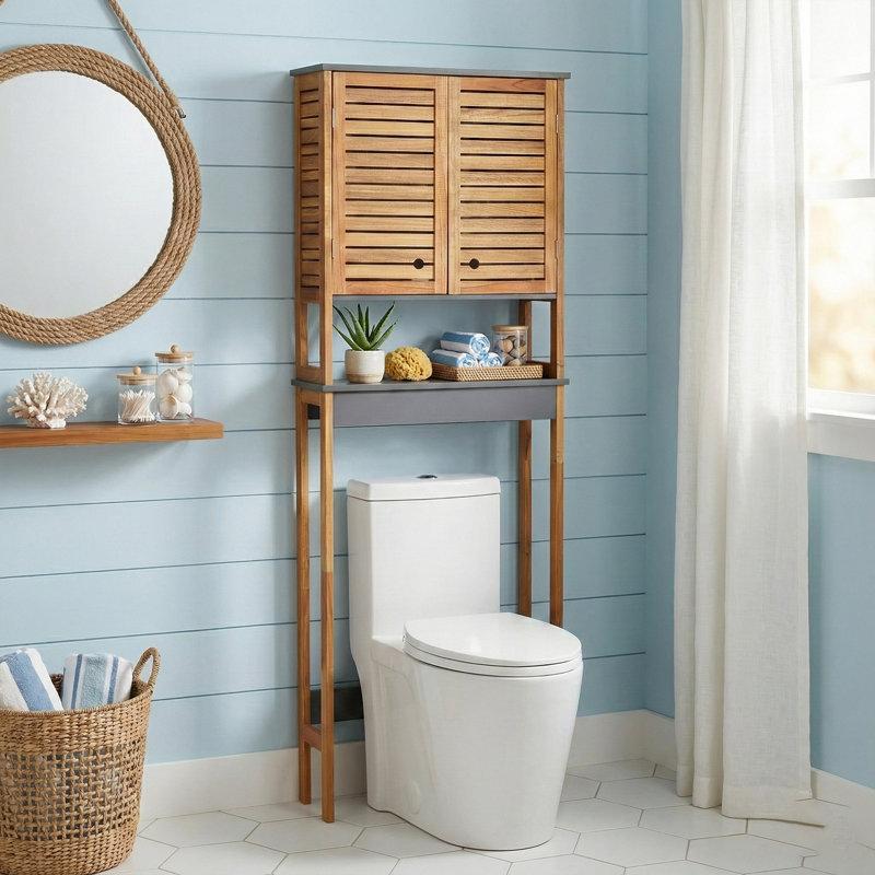 Armoire de rangement au-dessus de la toilette avec portes à double aération et tablette ouverte, brun et gris - Collection Elements