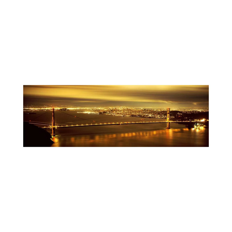 Suspension Bridge Lit Up At Dusk, Golden Gate Bridge, San Francisco, California, USA - Wrapped Canvas Panoramic Print