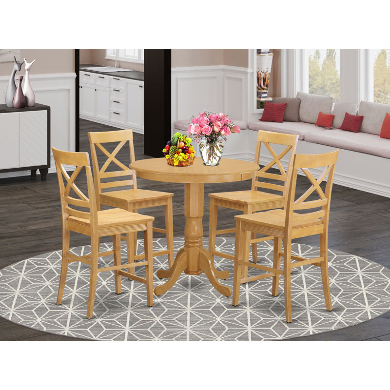 5 Piece Counter Height Dining Table Set Includes a Round Wooden Table with Pedestal and 4 Kitchen Dining Chairs, Oak, Oak