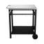Chariot de barbecue extérieur avec configuration à 2 niveaux, plateau en acier inoxydable, structure en métal noir, grandes roues, crochets à outils, table de préparation pour barbecue, cour arrière, support à four à pizza, roues faciles à déplacer
