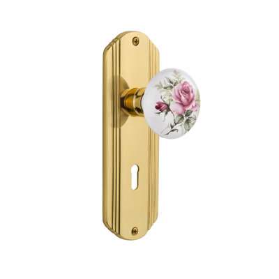 White Rose Porcelain Interior Mortise Door Knob with Deco Long Plate