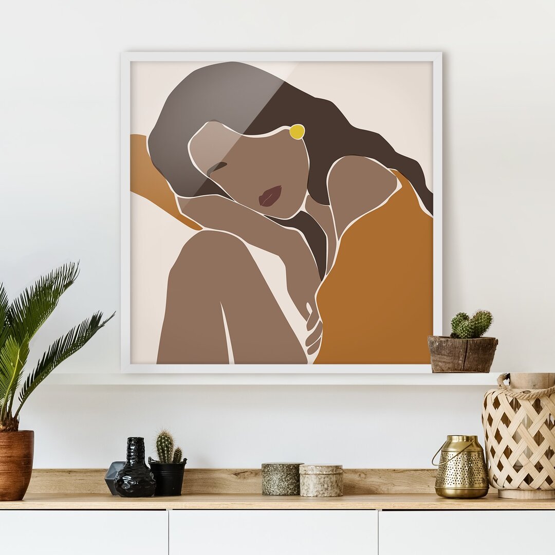 Gerahmtes Poster Line Art Woman Brown Beige