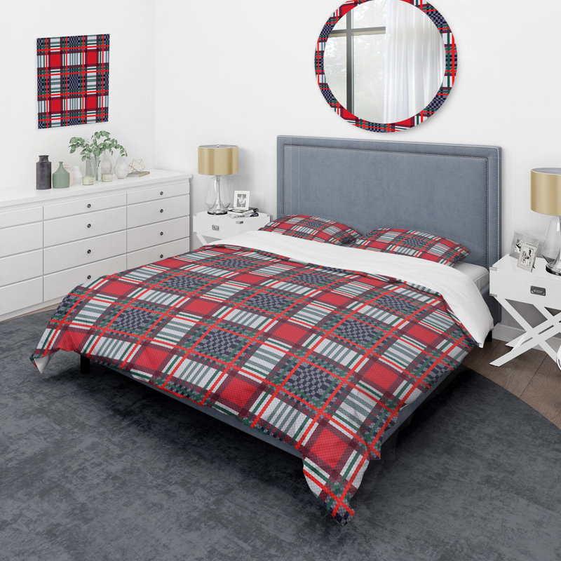 Tartan à carreaux rouge et bleu - Ensemble de housse de couette abstrait - Microfibre de polyester