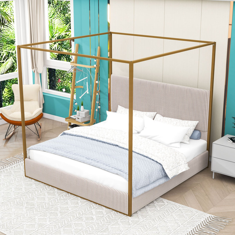 Lit à baldaquin en métal avec tête de lit et quatre colonnes, Beige, Très grand