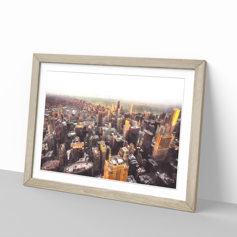 Flying over the Chicago Skyline - Picture Frame Graphic Art Print, 62cm H x 87cm W x 2cm D, Oak Framed