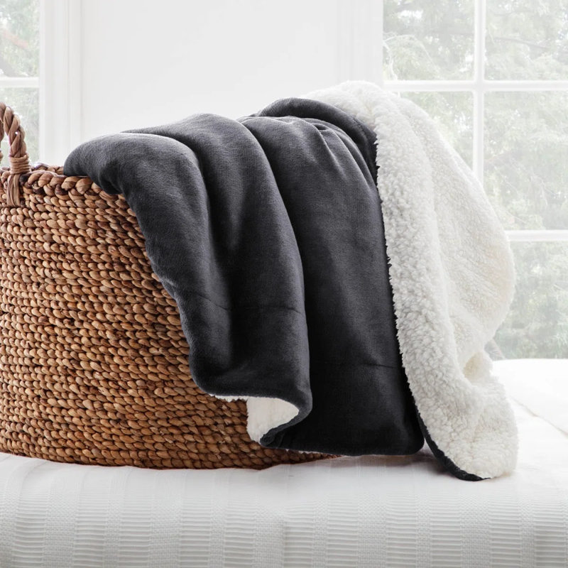 Reversible Soft Sherpa Fleece Fur Thick Dual Sided Blanket Throw, Grey, 130cm x 150cm